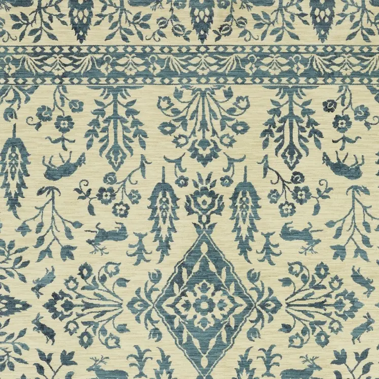 8' X 11' Ivory And Blue Oriental Area Rug With Fringe