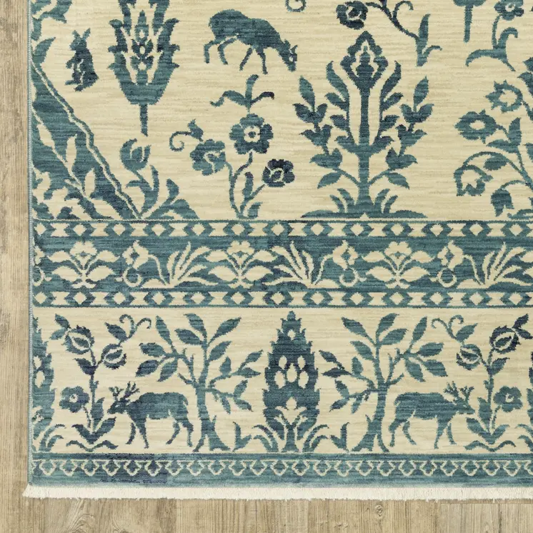 8' X 11' Ivory And Blue Oriental Area Rug With Fringe
