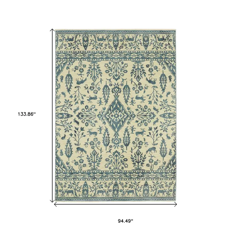8' X 11' Ivory And Blue Oriental Area Rug With Fringe
