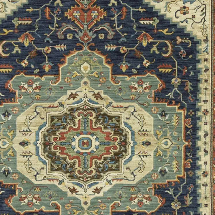 10' X 13' Blue Ivory And Orange Oriental Area Rug With Fringe