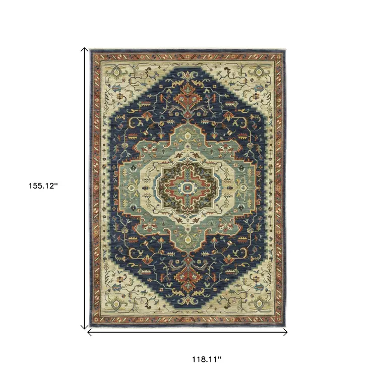 10' X 13' Blue Ivory And Orange Oriental Area Rug With Fringe