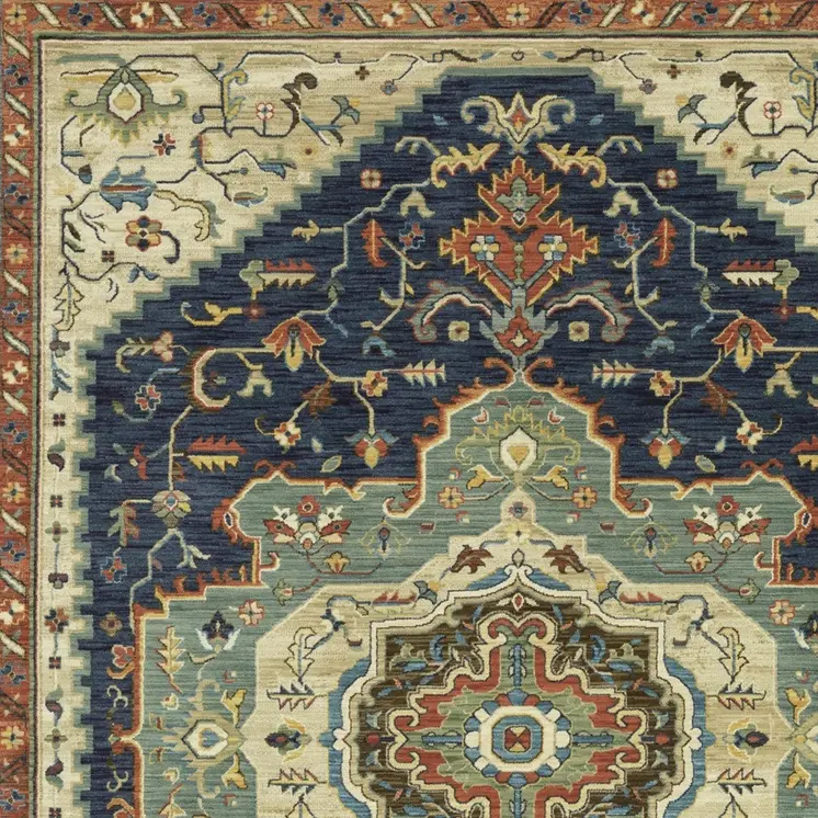 5' X 8' Blue Ivory And Orange Oriental Area Rug With Fringe