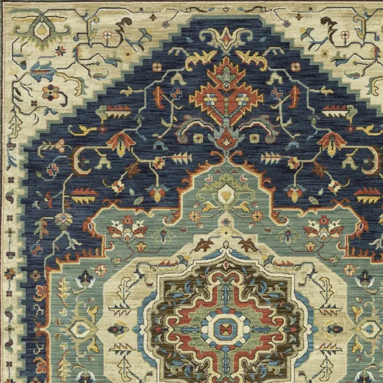 7' X 10' Blue Ivory And Orange Oriental Area Rug With Fringe
