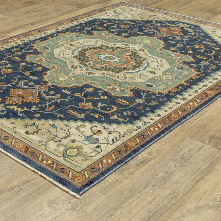 7' X 10' Blue Ivory And Orange Oriental Area Rug With Fringe