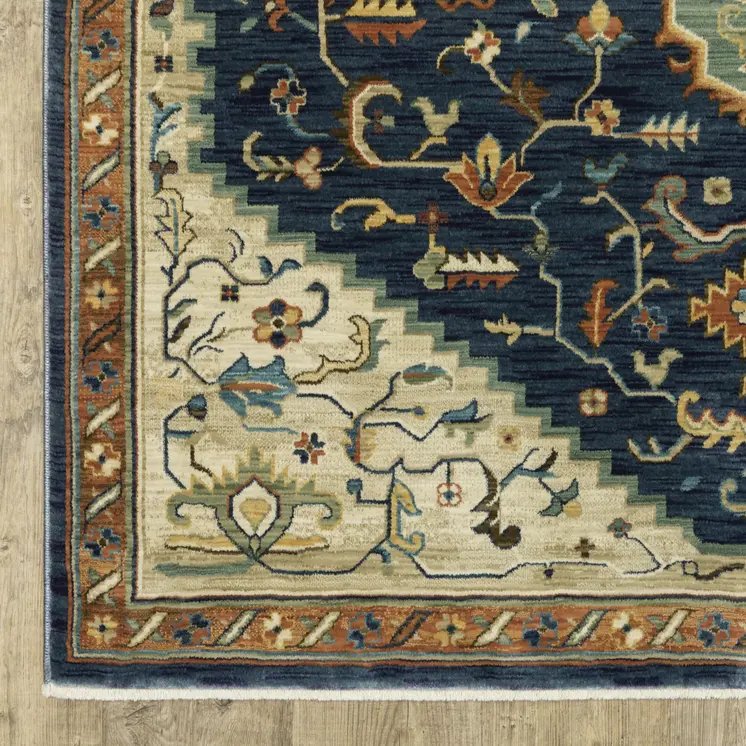 8' X 11' Blue Ivory And Orange Oriental Area Rug With Fringe