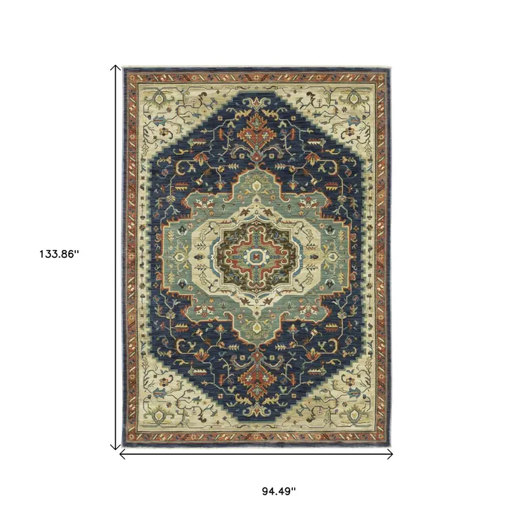 8' X 11' Blue Ivory And Orange Oriental Area Rug With Fringe