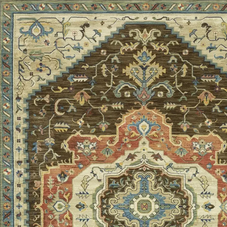 7' X 10' Brown And Orange Oriental Area Rug With Fringe