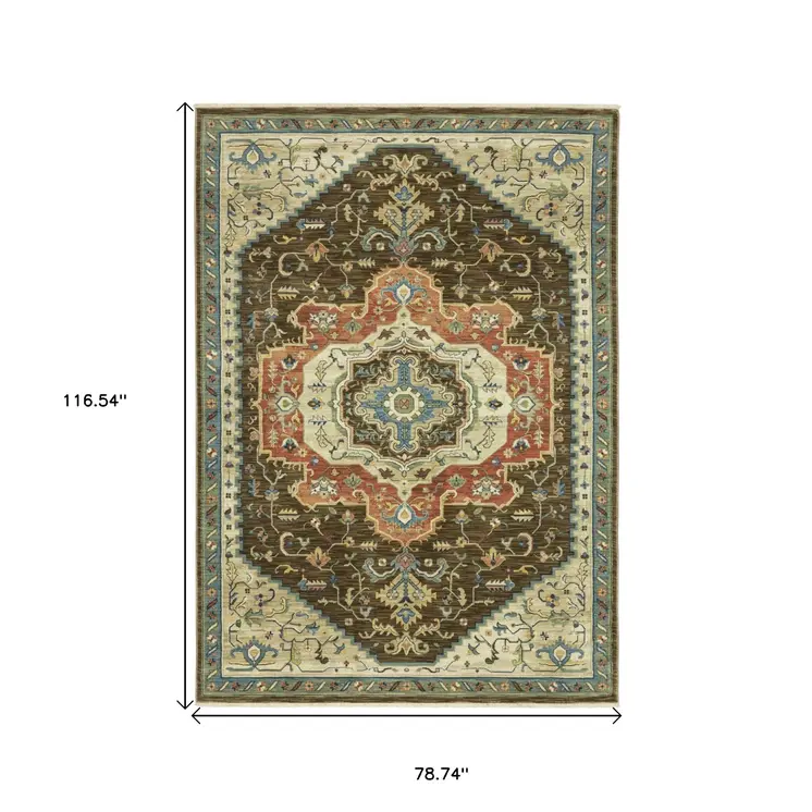 7' X 10' Brown And Orange Oriental Area Rug With Fringe