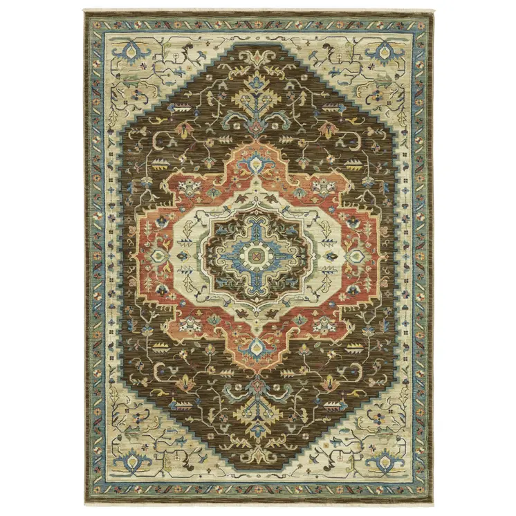 8' X 11' Brown And Orange Oriental Area Rug With Fringe
