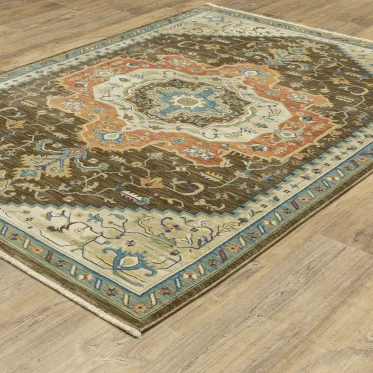 8' X 11' Brown And Orange Oriental Area Rug With Fringe