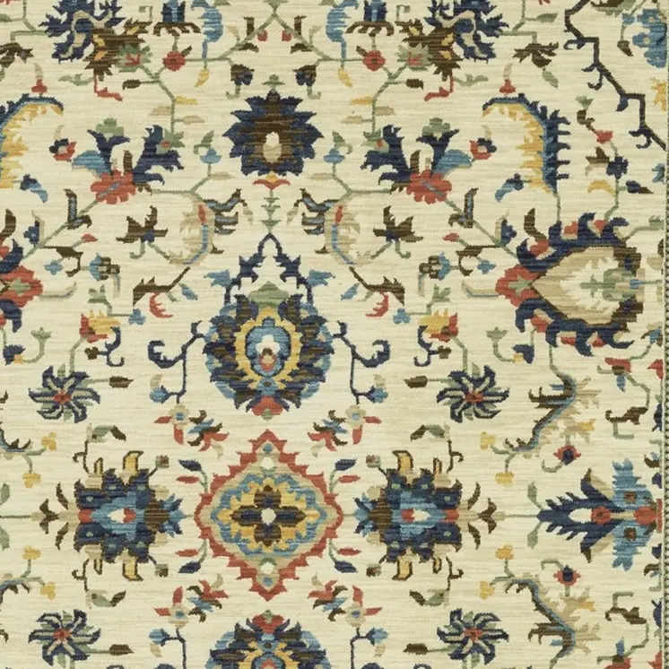5' X 8' Ivory Blue And Orange Oriental Area Rug With Fringe