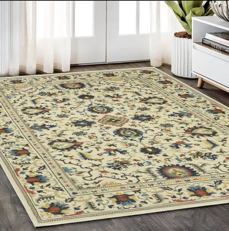 5' X 8' Ivory Blue And Orange Oriental Area Rug With Fringe