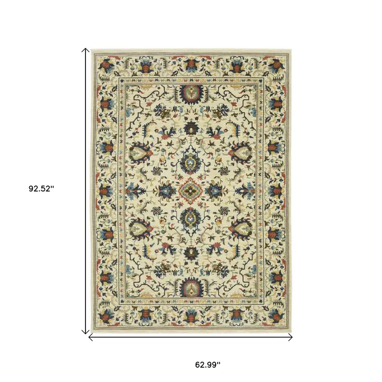 5' X 8' Ivory Blue And Orange Oriental Area Rug With Fringe