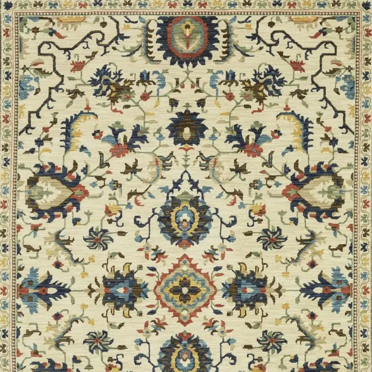 10' X 13' Ivory Blue And Orange Oriental Area Rug With Fringe