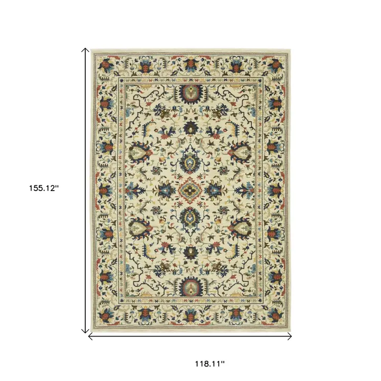 10' X 13' Ivory Blue And Orange Oriental Area Rug With Fringe