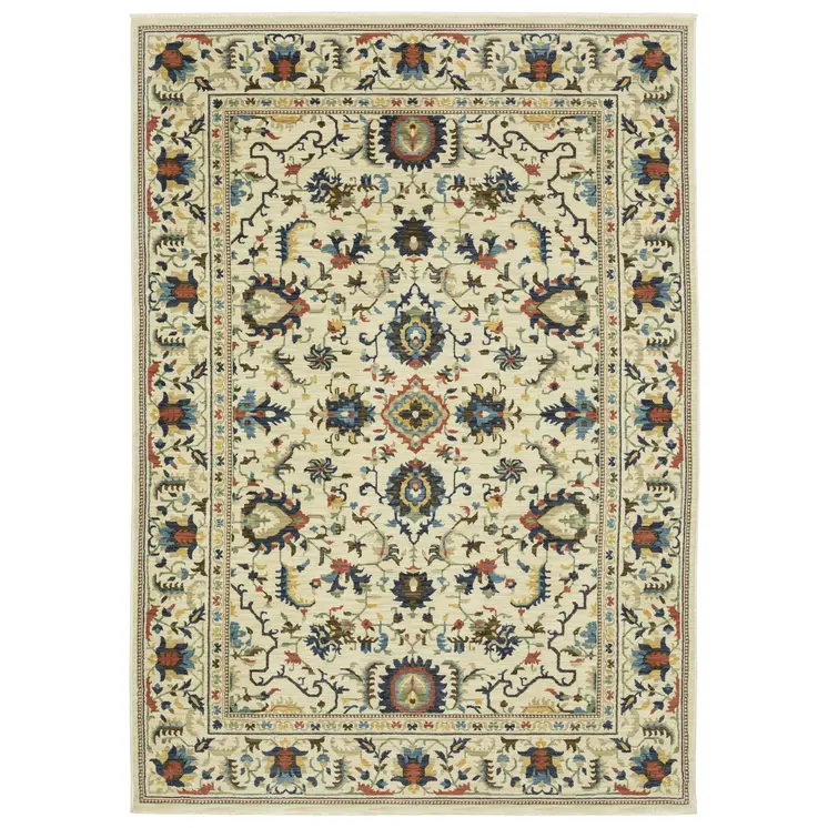 7' X 10' Ivory Blue And Orange Oriental Area Rug With Fringe