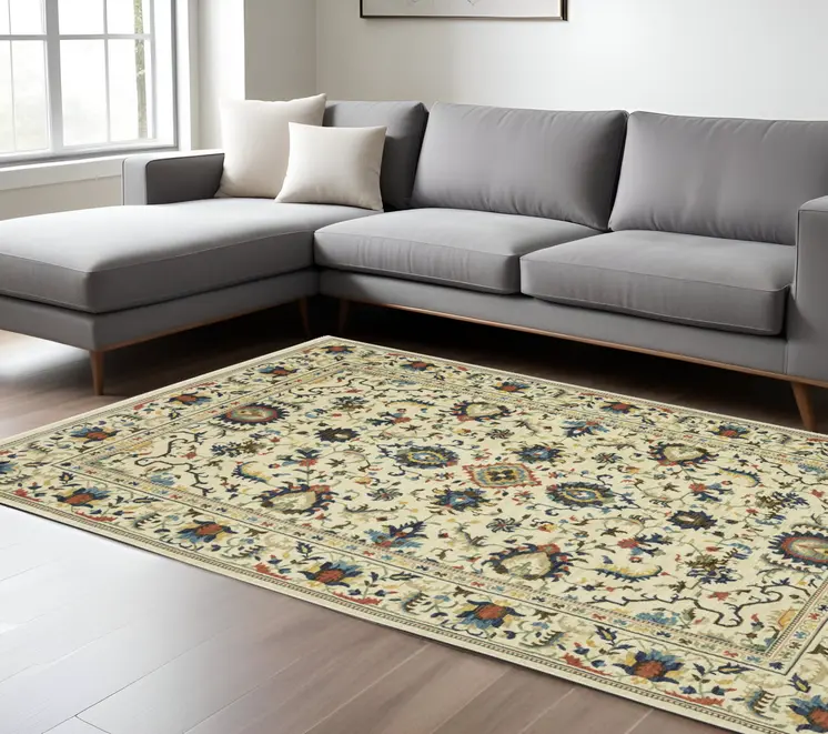 7' X 10' Ivory Blue And Orange Oriental Area Rug With Fringe