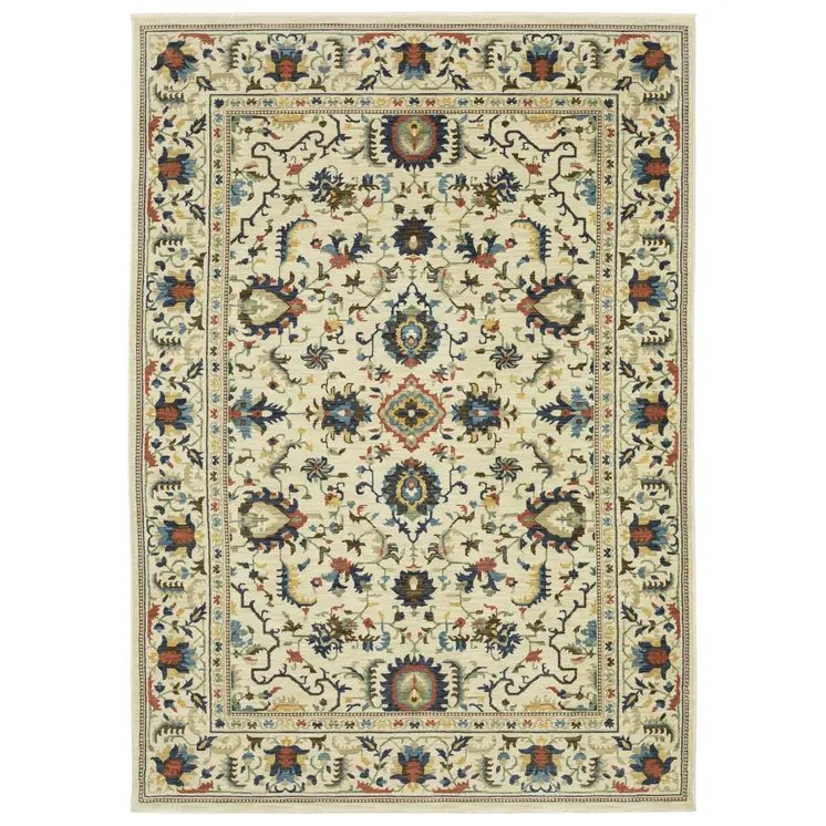 7' X 10' Ivory Blue And Orange Oriental Area Rug With Fringe