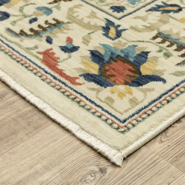 7' X 10' Ivory Blue And Orange Oriental Area Rug With Fringe