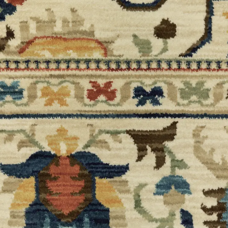 7' X 10' Ivory Blue And Orange Oriental Area Rug With Fringe