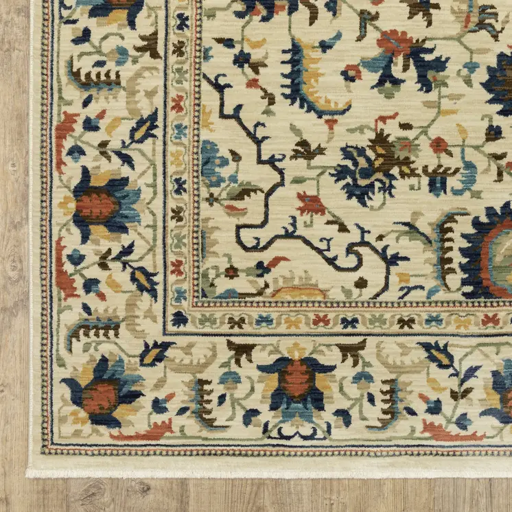 7' X 10' Ivory Blue And Orange Oriental Area Rug With Fringe