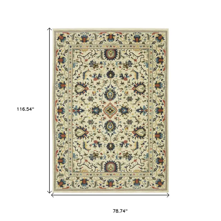 7' X 10' Ivory Blue And Orange Oriental Area Rug With Fringe