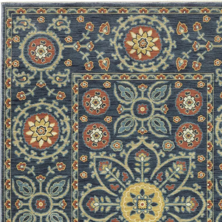 5' X 8' Blue And Rust Medallion Area Rug With Fringe