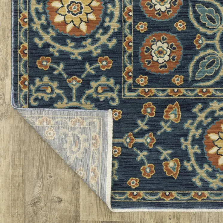 7' X 10' Blue And Rust Medallion Area Rug With Fringe