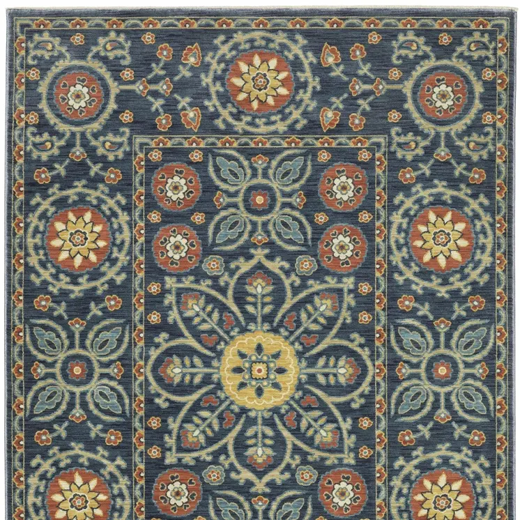 8' X 11' Blue And Rust Medallion Area Rug With Fringe