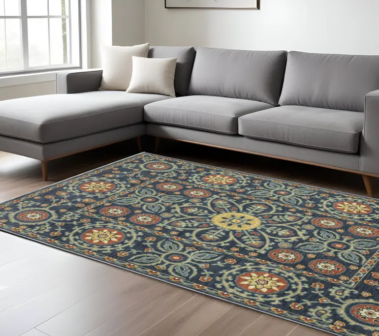 8' X 11' Blue And Rust Medallion Area Rug With Fringe