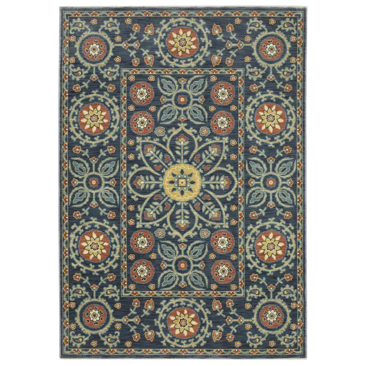 8' X 11' Blue And Rust Medallion Area Rug With Fringe