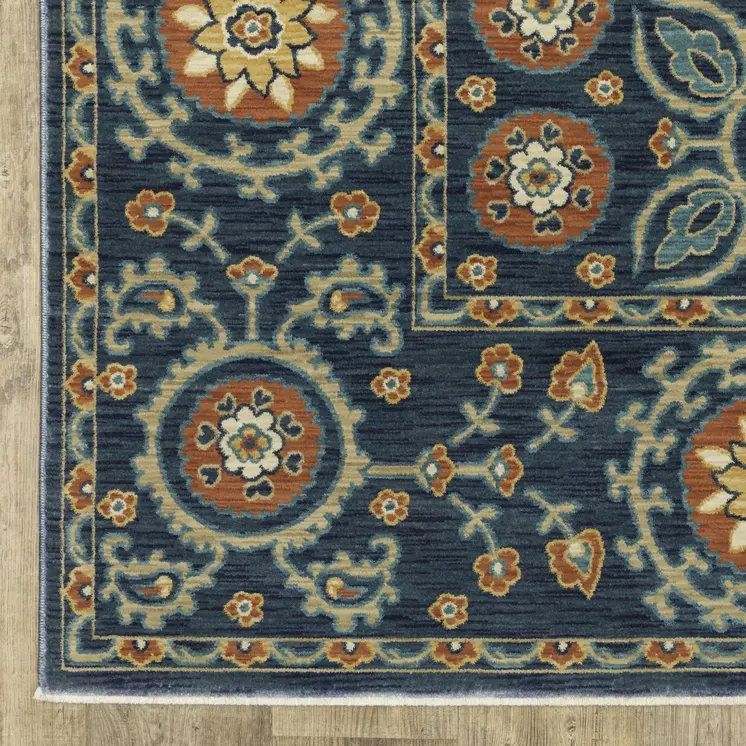 8' X 11' Blue And Rust Medallion Area Rug With Fringe