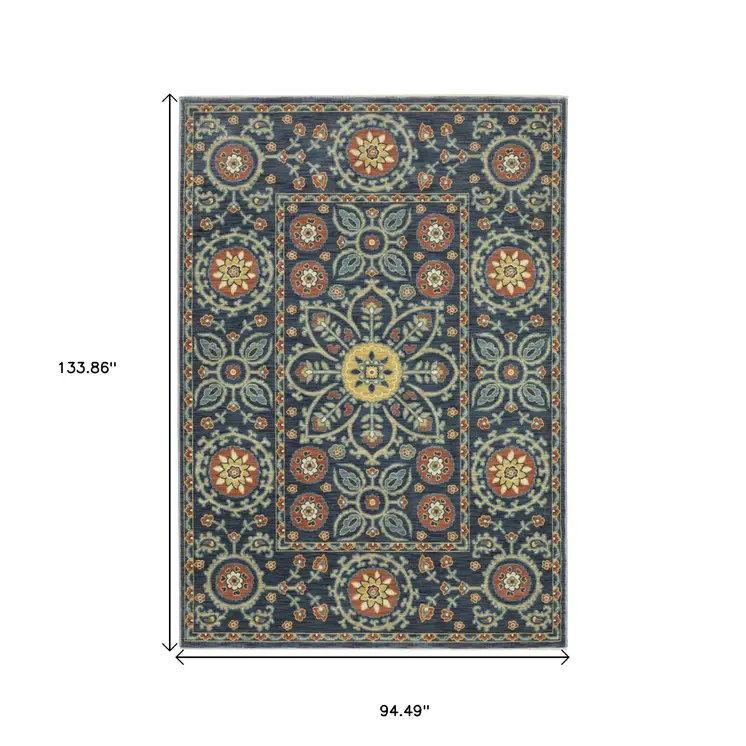 8' X 11' Blue And Rust Medallion Area Rug With Fringe