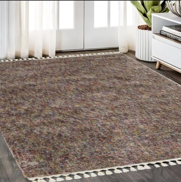 5' X 8' Orange Blue And Yellow Abstract Shag Area Rug With Fringe
