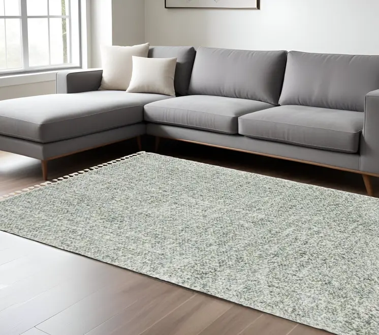 8' X 11' Light Blue And Ivory Abstract Shag Area Rug With Fringe