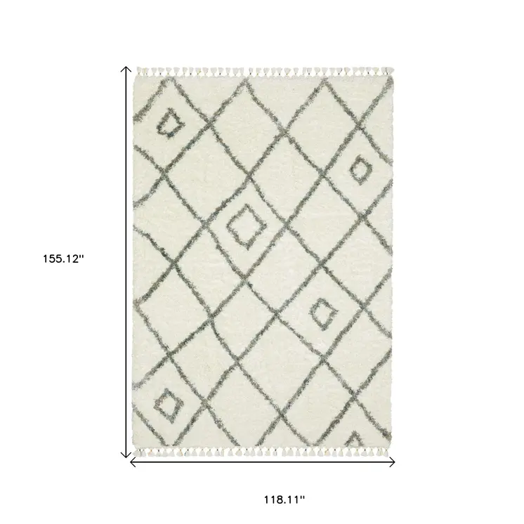 10' X 13' Ivory Gray And Tan Diamond Shag Area Rug With Fringe