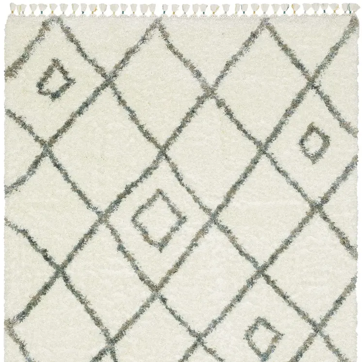 4' X 5' Ivory Gray And Tan Diamond Shag Area Rug With Fringe