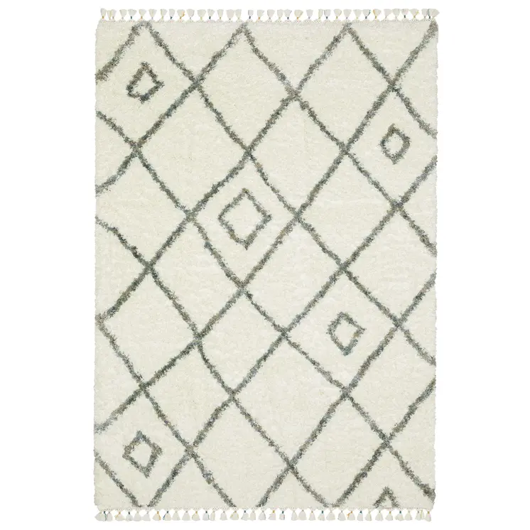 4' X 5' Ivory Gray And Tan Diamond Shag Area Rug With Fringe