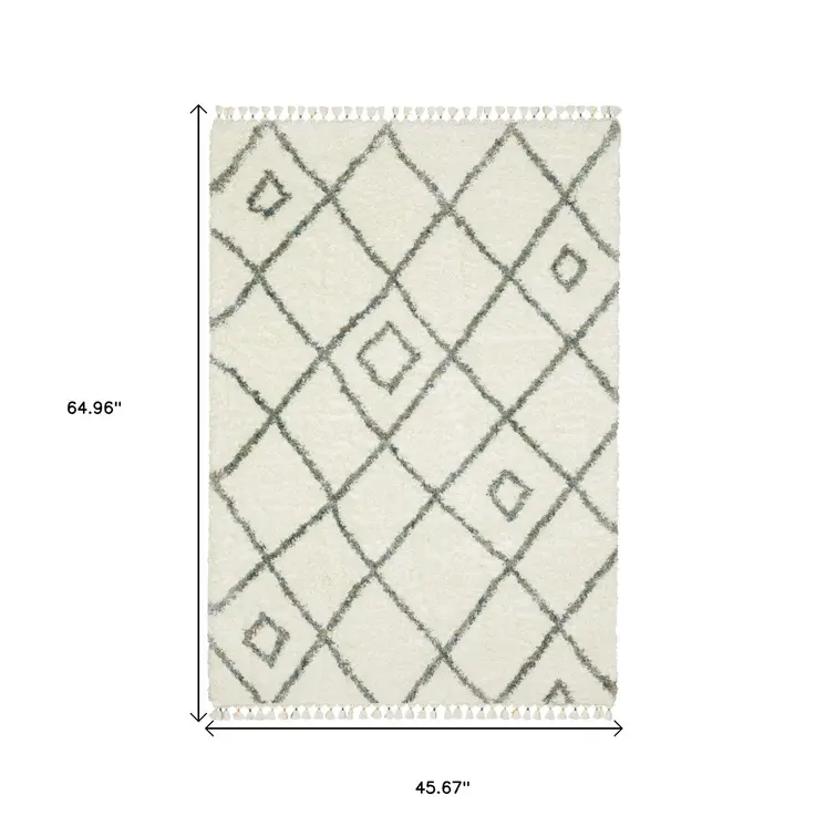 4' X 5' Ivory Gray And Tan Diamond Shag Area Rug With Fringe