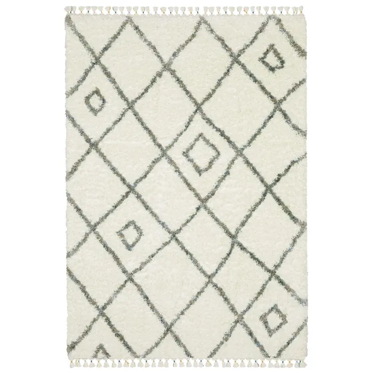 7' X 10' Ivory Gray And Tan Diamond Shag Area Rug With Fringe