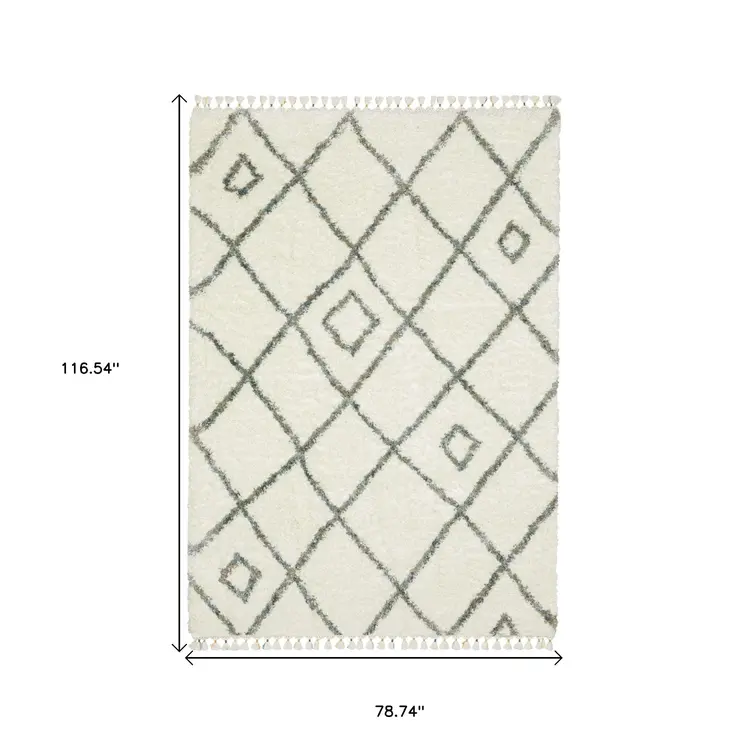 7' X 10' Ivory Gray And Tan Diamond Shag Area Rug With Fringe