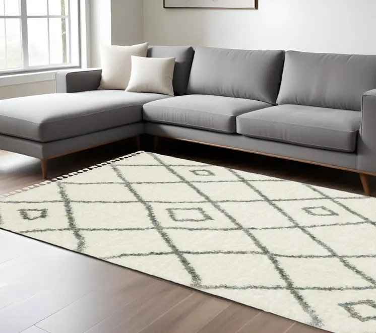 8' X 11' Ivory Gray And Tan Diamond Shag Area Rug With Fringe