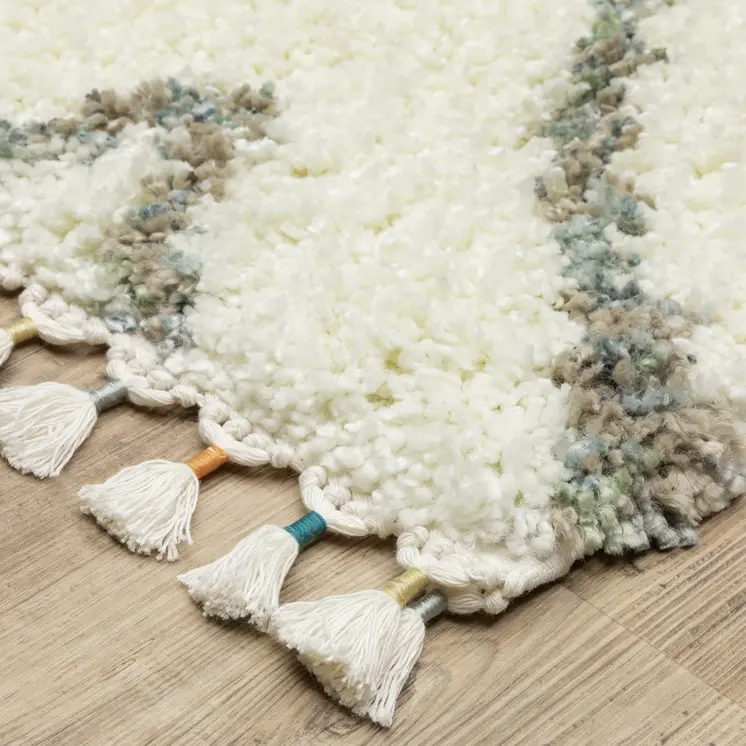 8' X 11' Ivory Gray And Tan Diamond Shag Area Rug With Fringe