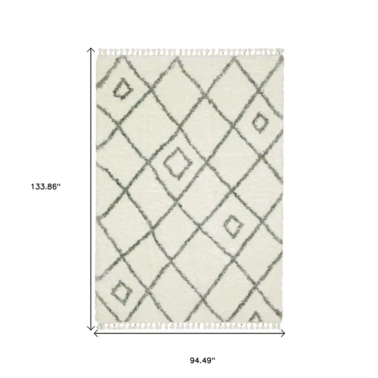8' X 11' Ivory Gray And Tan Diamond Shag Area Rug With Fringe