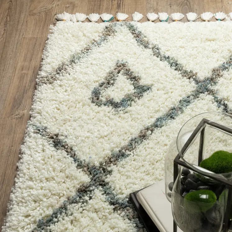 8' X 11' Ivory Gray And Tan Diamond Shag Area Rug With Fringe