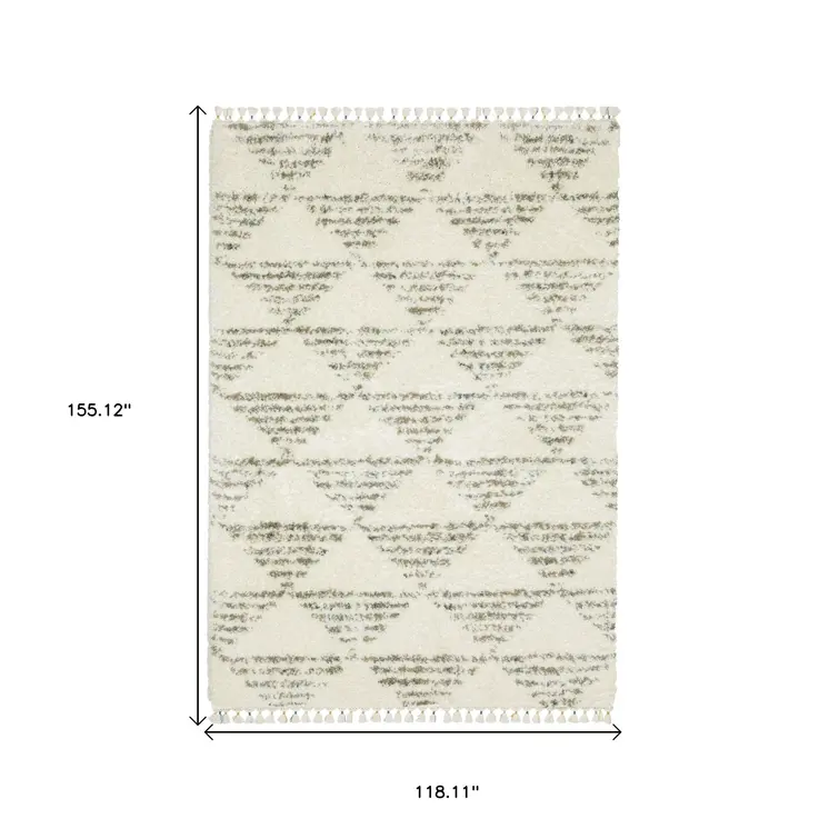 10' X 13' Ivory And Green Geometric Shag Area Rug With Fringe