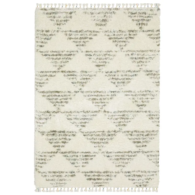 4' X 5' Ivory And Green Geometric Shag Area Rug With Fringe