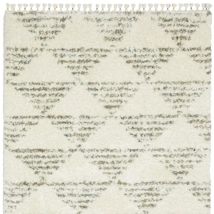 7' X 10' Ivory And Green Geometric Shag Area Rug With Fringe