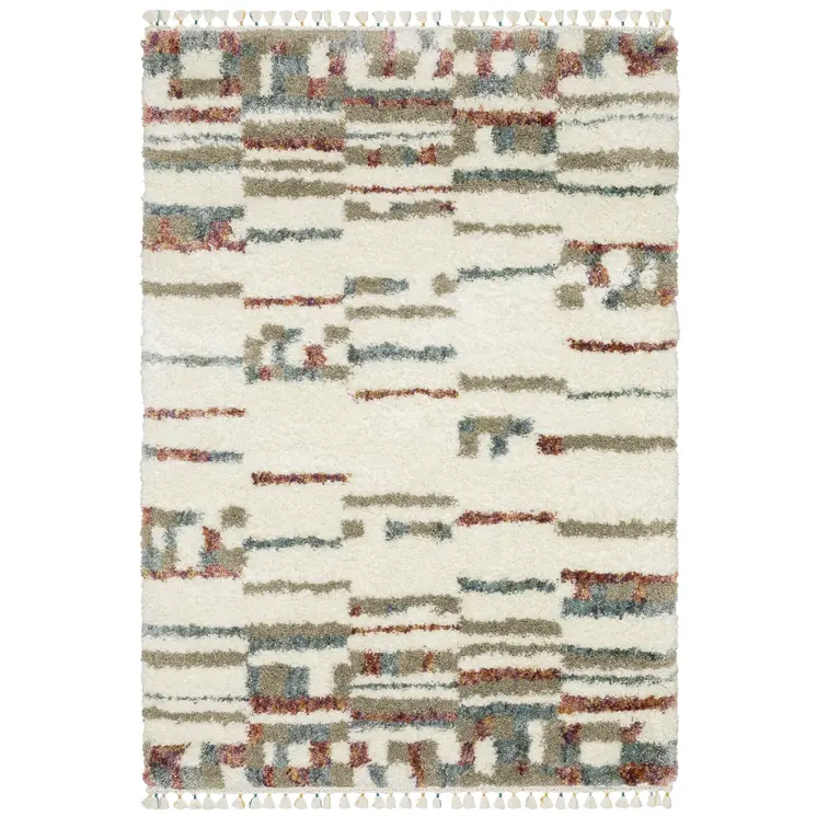 5' X 8' Tan Gray And Ivory Abstract Shag Distressed Area Rug With Fringe