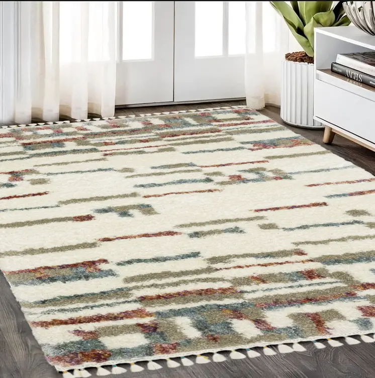 5' X 8' Tan Gray And Ivory Abstract Shag Distressed Area Rug With Fringe